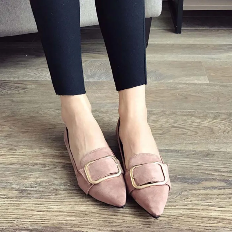 Lady Court Tacons Moccasin Low-Top Flock Flats Pointed Mujer With Belt Buckle Plus Size 48-33 Grey Black Pink Shoes Comfortable