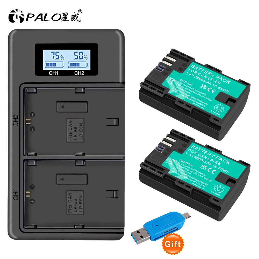 Palo Lp E6 Lpe6 Lp-E6 E6N Batteria + Caricatore Doppio Lcd Per Canon Eos 5Ds R 5D Mark Ii 5D Mark Iii 6D 7D Mark Ii 80D 5Ds R R5 R6