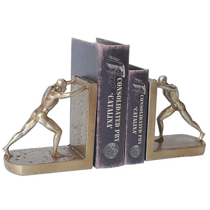 1 Pair Decorative Book Shelf Bookends, Golden Man Pushing Book Support, Stopper Ornaments Resin Craft For Home Cabinet