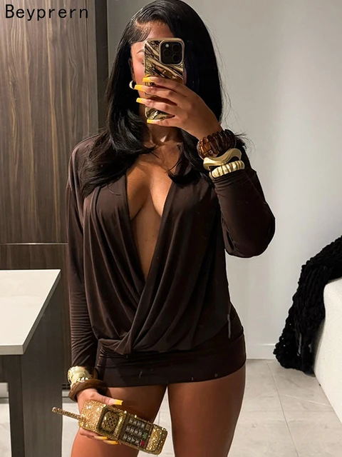 Beyprern Casual Womens Long Sleeve Draped Front Slim Short Dress Vacation Outfits Chic Ruched Night Out Vestidos Clubwear Robes 1