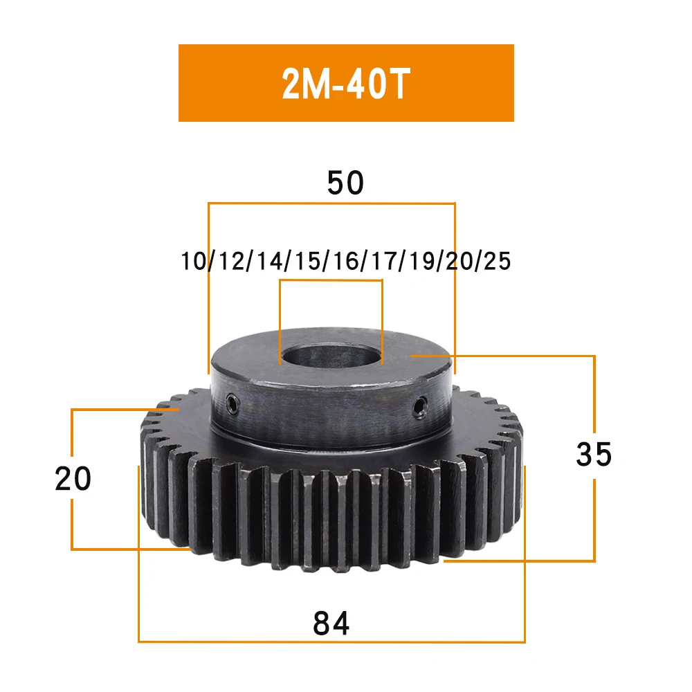 Motor Gear 2M-38T/40T Bore Size 10/12/14/15/16/17/19/20/25 mm Gear Wheel Blackening SC45#Carbon Steel Teeth Height 20mm