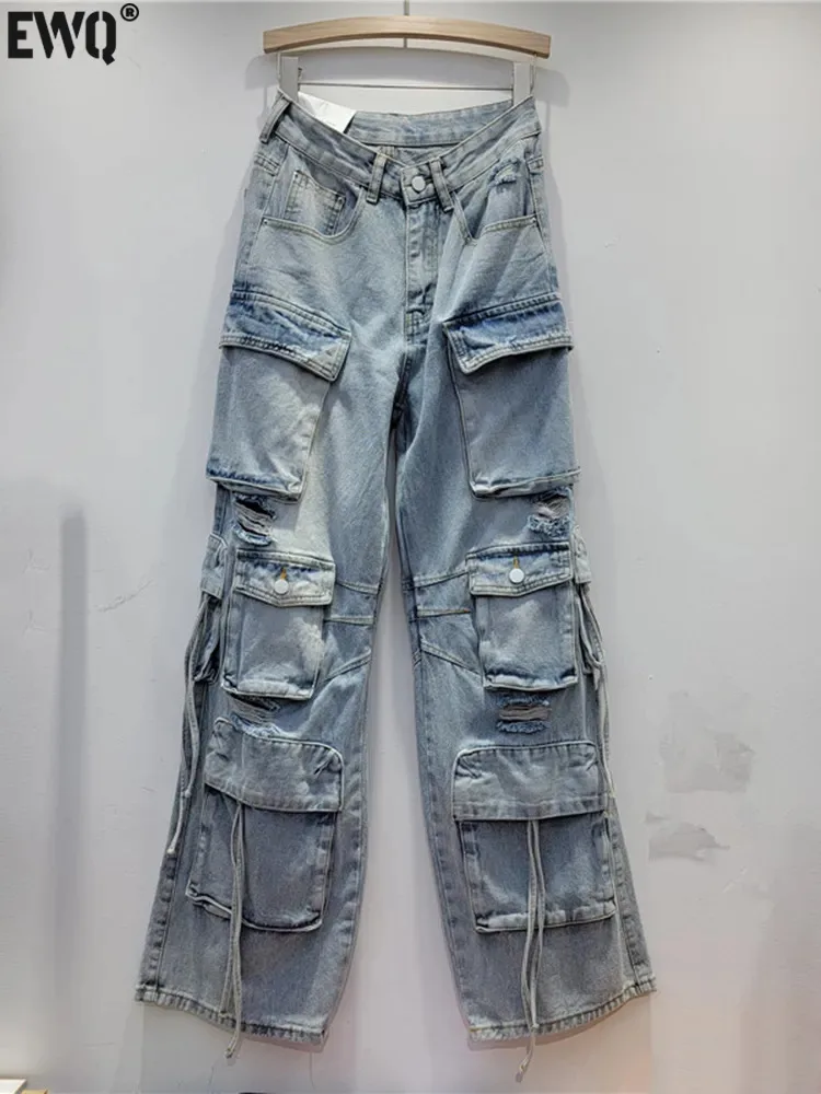 

[EWQ] Wide Leg Jeans Women Multiple Pockets Patchwork High Waist Blue Streetwear Denim Pants 2023 Autumn Winter trousers 16U5512