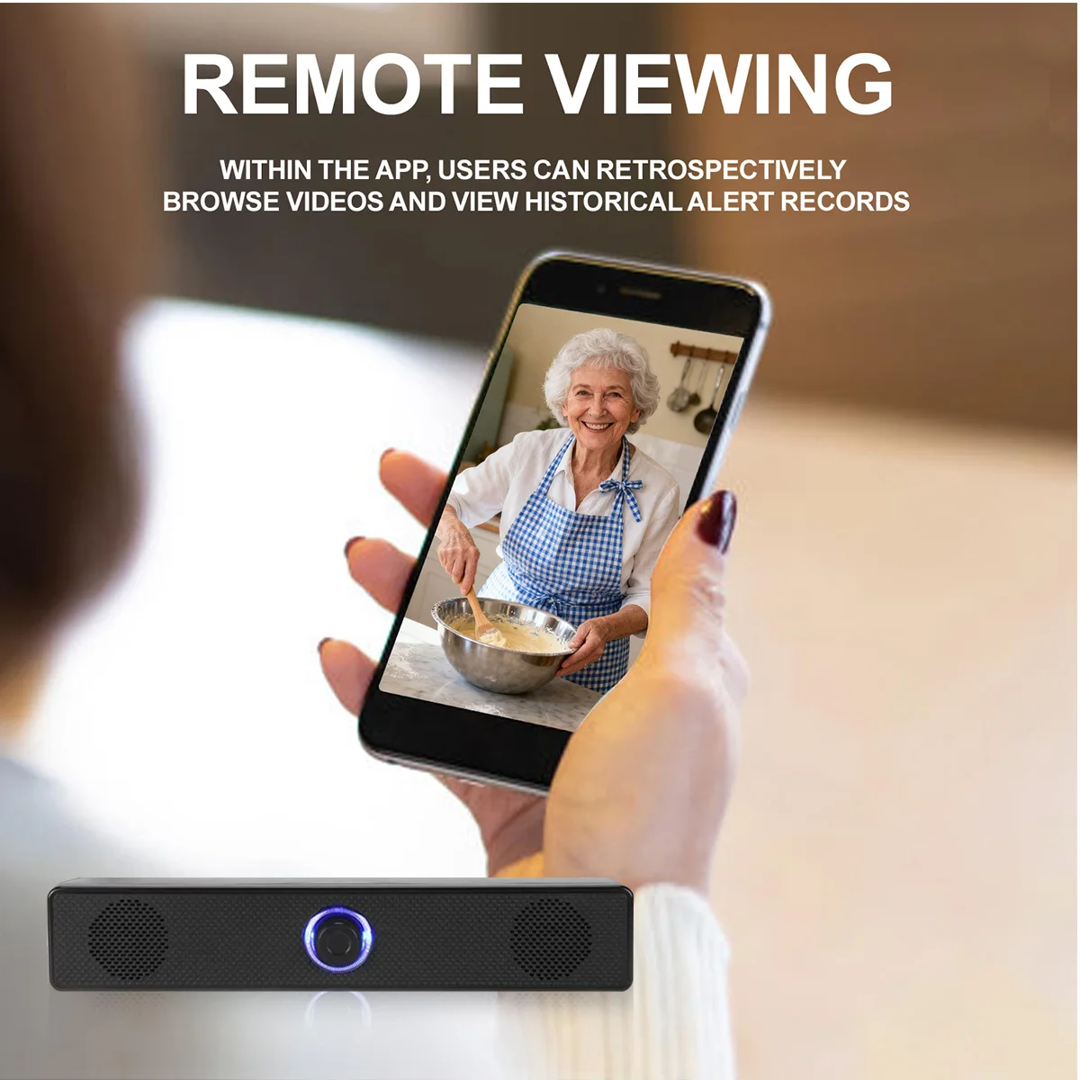 Phone displaying remote camera controls and playback options