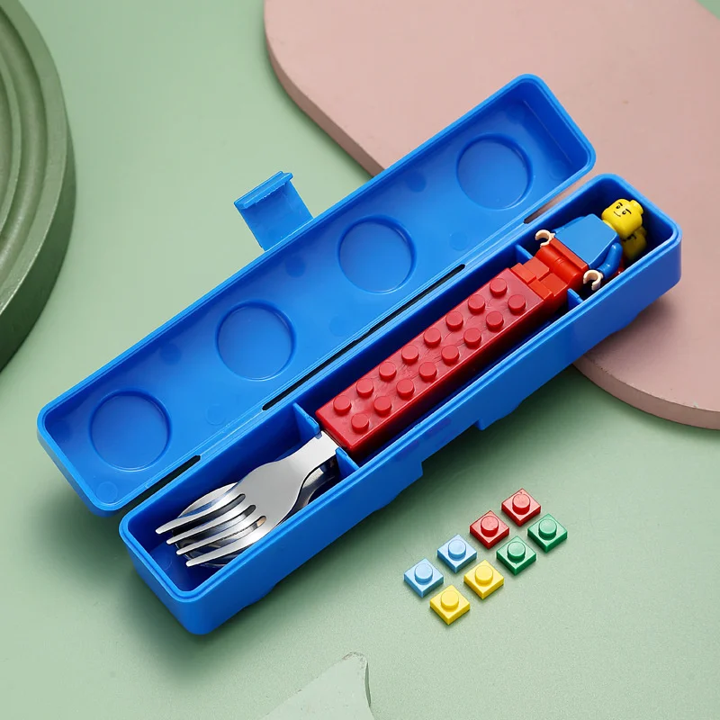 Stainless Steel Kids Building Block Fork and Spoon Set with Portable Storage