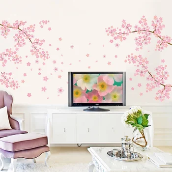 Pink Romantic Cherry Blossom Wall Sticker Cherry Blossom Tree Bedroom Living Room Background Wall Decorative Art Mural Sticker tanie i dobre opinie CN (pochodzenie) Płaska naklejka ścienna Kreatywny Do płytek For Wall Naklejki na meble naklejki okienne Naklejki na przełączniki