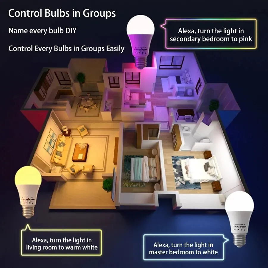 Smart LED Light Bulbs Tuya Bluetooth WiFi E27 15W APP Voice Control With Alexa Google Home