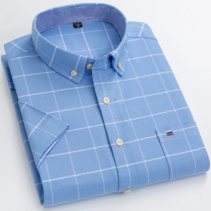 100% Cotton Breathable Men Oxford Short Sleeve Summer Plaid Shirts Striped Male Clothes Business Regular Fit Oversized 2