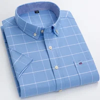 100% Cotton Breathable Men Oxford Short Sleeve Summer Plaid Shirts Striped Male Clothes Business Regular Fit Oversized 2