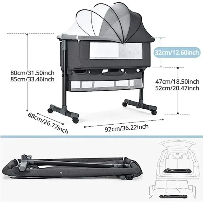 Baby Crib Nursery Bed Mosquito Net Large Storage Bag Changing Bed Height Adjustable Travel Portable