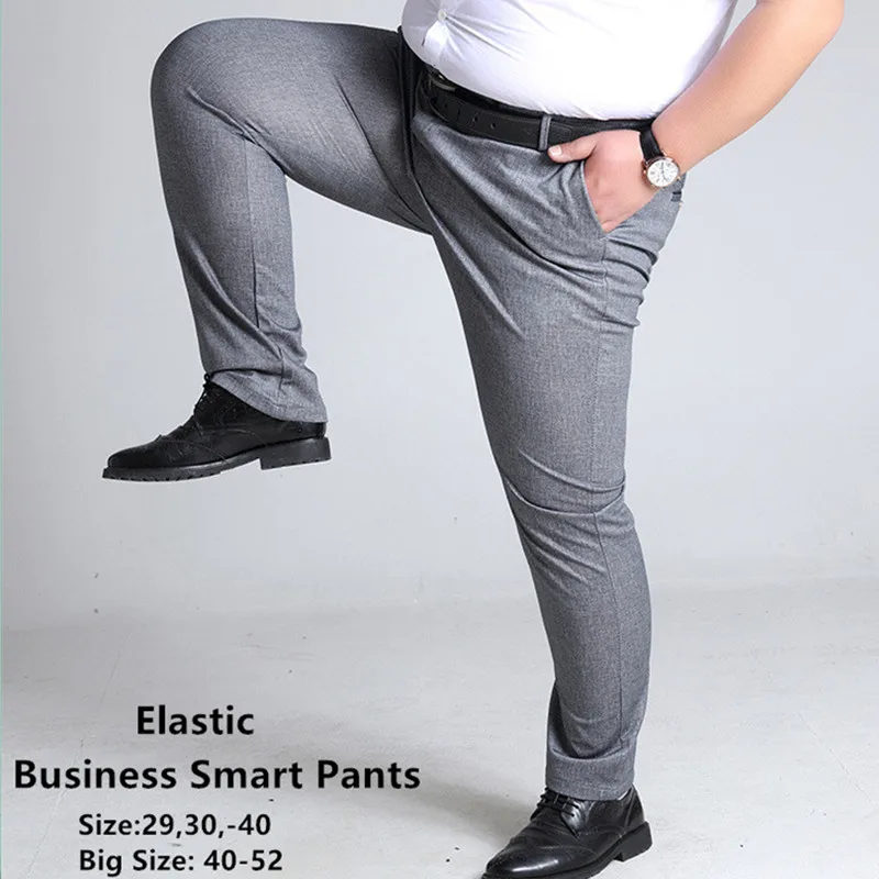 

Plus Size Mens Trousers Work Pants Grey Black Dark Blue Elastic Straight Business Male Big 44 46 48 50 52 140KG Office Clothing