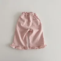 2024 Girls Spring Pants Baby Casual Ruffle Wide Leg Pants Children's Trendy Autumn Trousers Loose Solid High Waist Bell-bottoms 4
