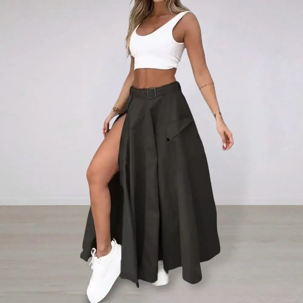 Women Top Skirt Set Elegant Crop Top Maxi Skirt Set with Belt Women's High Waist A-line Split Skirt Solid Color Streetwear Party