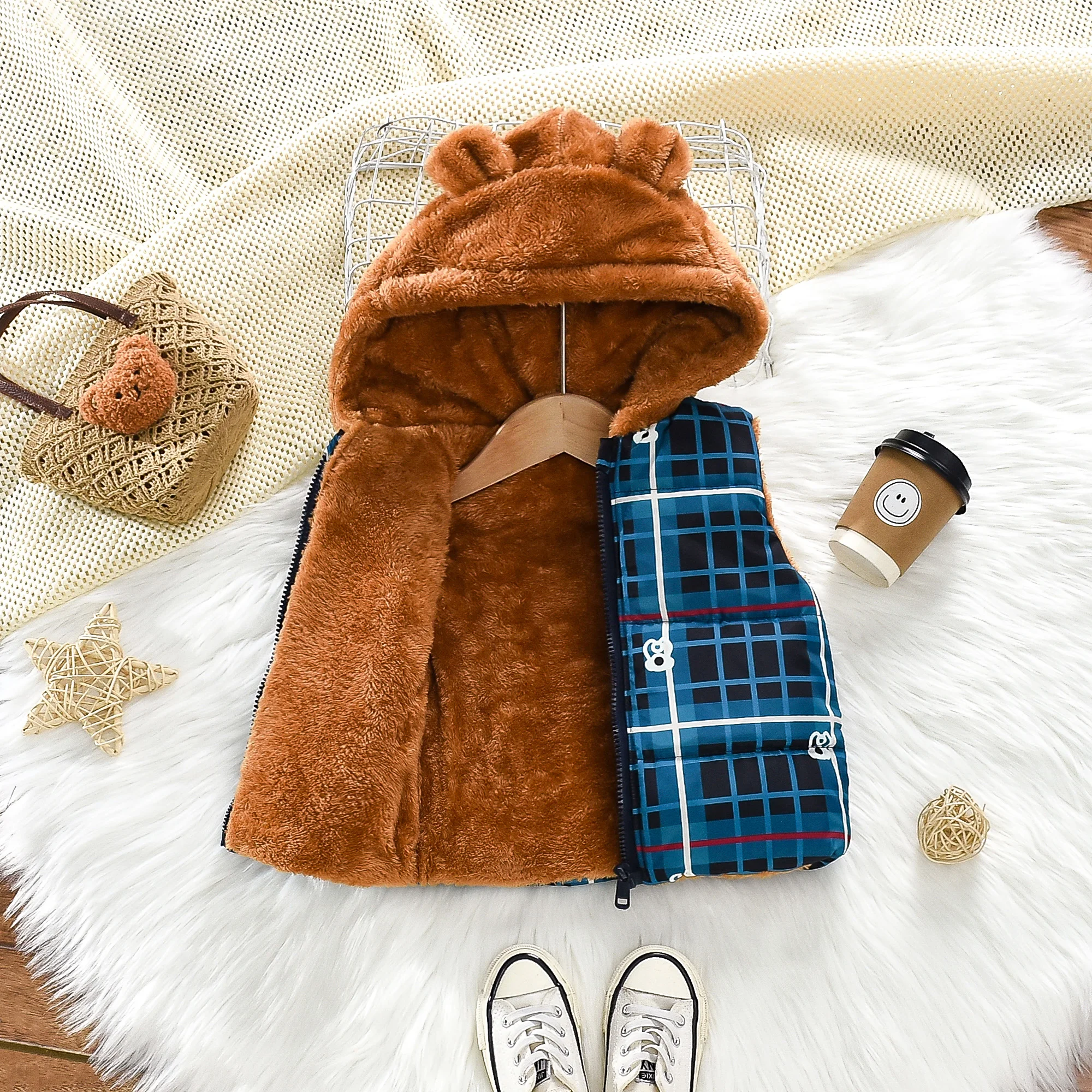Winter New Boys Vest, Hooded Furry Plaid Pattern Thermal Underwear Sleeveless Zipper Horse Season Bear Ears