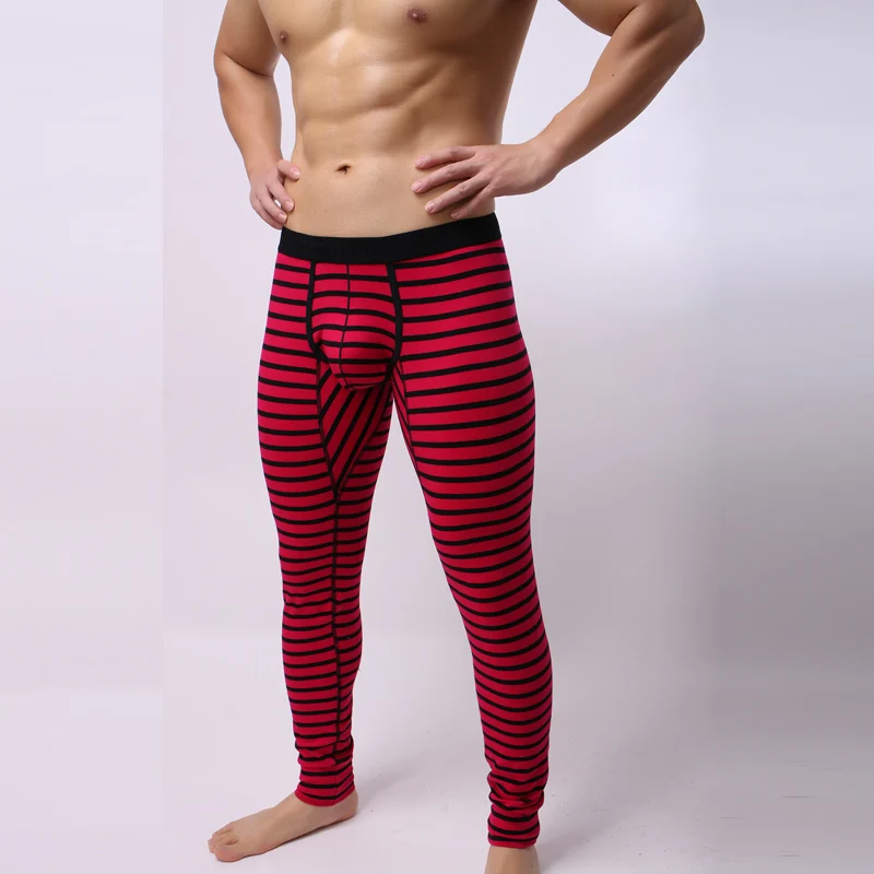 Men's Thermal Underwear Bottoms Sexy Long Johns Warm Cotton Underwear Bulge Penis Pouch Low Rise Men Leggings Man Striped Lounge 3
