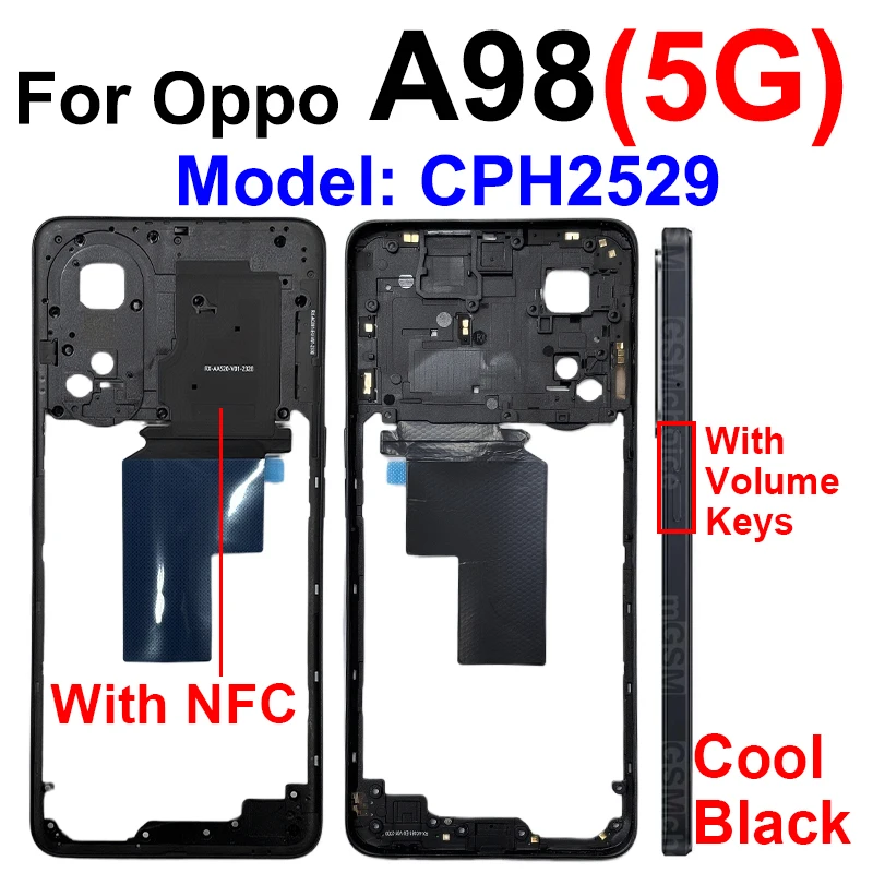 OPPO A98 5G용 중간 프레임 하우징 중간 하우징 홀더 커버(측면 버튼 교..