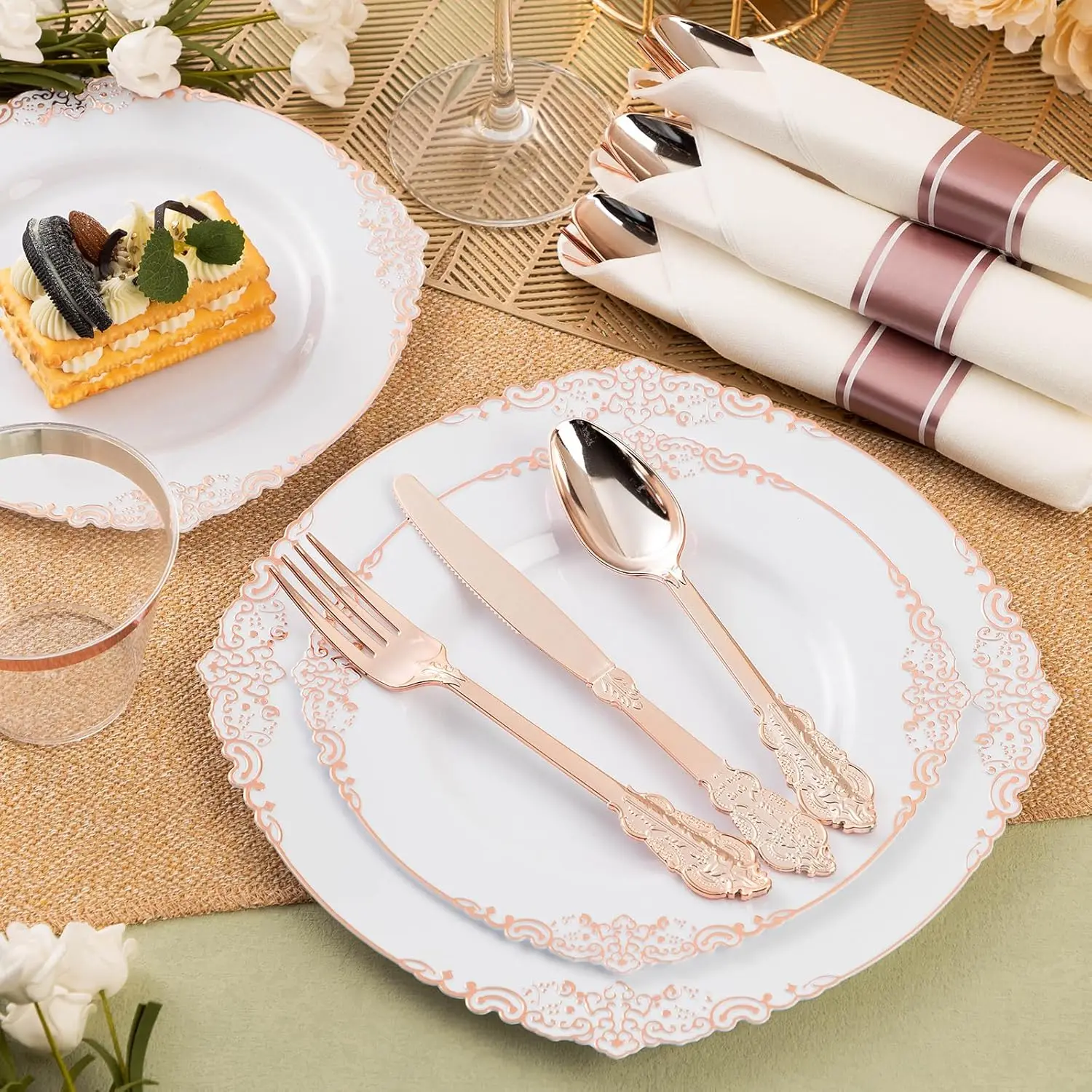 350PCS Rose Gold Plastic Plates for 50 Guests, Disposable Dinnerware Sets Include 100 Rose Gold Rim Plastic Plates 50 Silverware