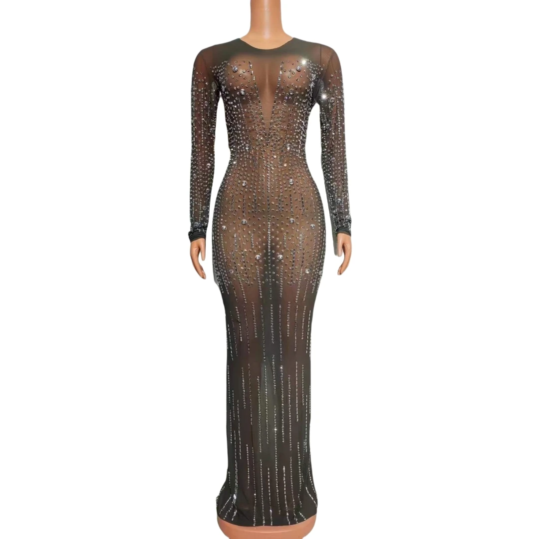 

Black Sheer Mesh Stretch Floor Long Length Dress For Women Glitter Rhinestone Dressy See Thru Drag Queen Costume 2024 Celebrate