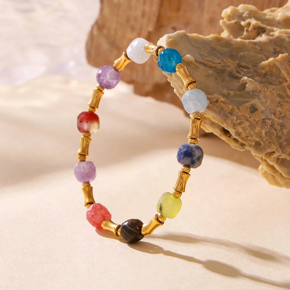 Bunte Natursteine Perlen Armband für Frauen Edelstahl vergoldet wasserdichten Charm Schmuck