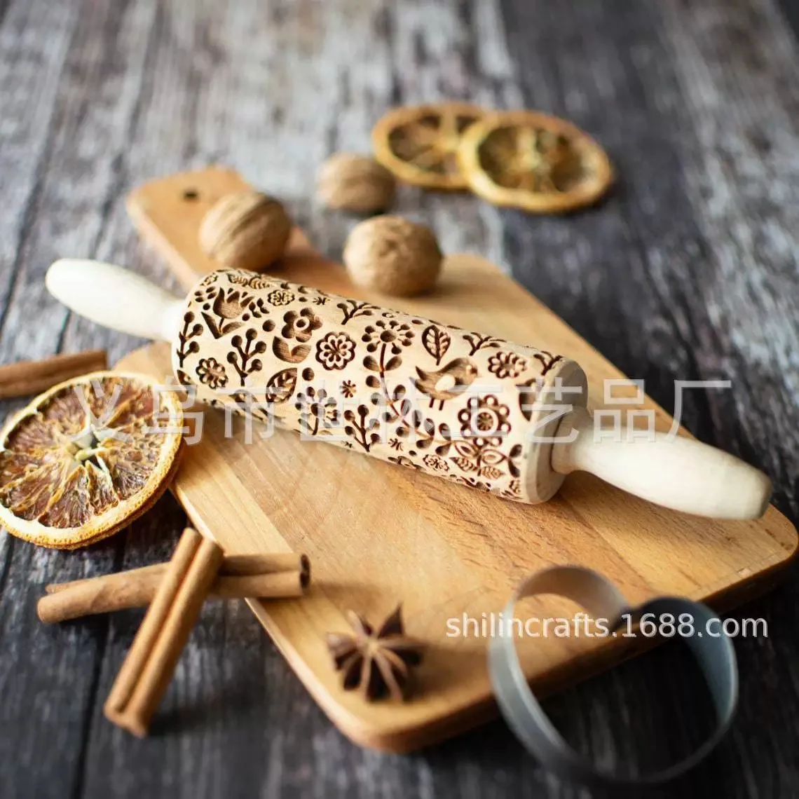 Flower Print Christmas Rolling Pin Bird Print Pattern Rolling Pin Wooden Thanksgiving Pastry Tools Deep Engraving Cookies Tool