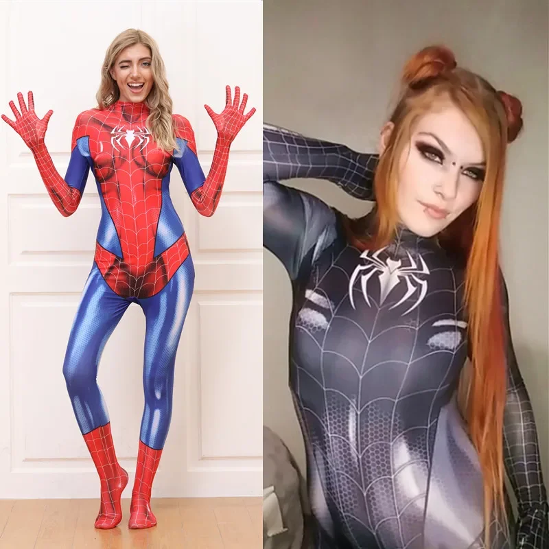

Женский костюм супергероя, костюм для косплея из спандекса, тянущийся сексуальный костюм для косплея на Хэллоуин, черный и красный комбинезон