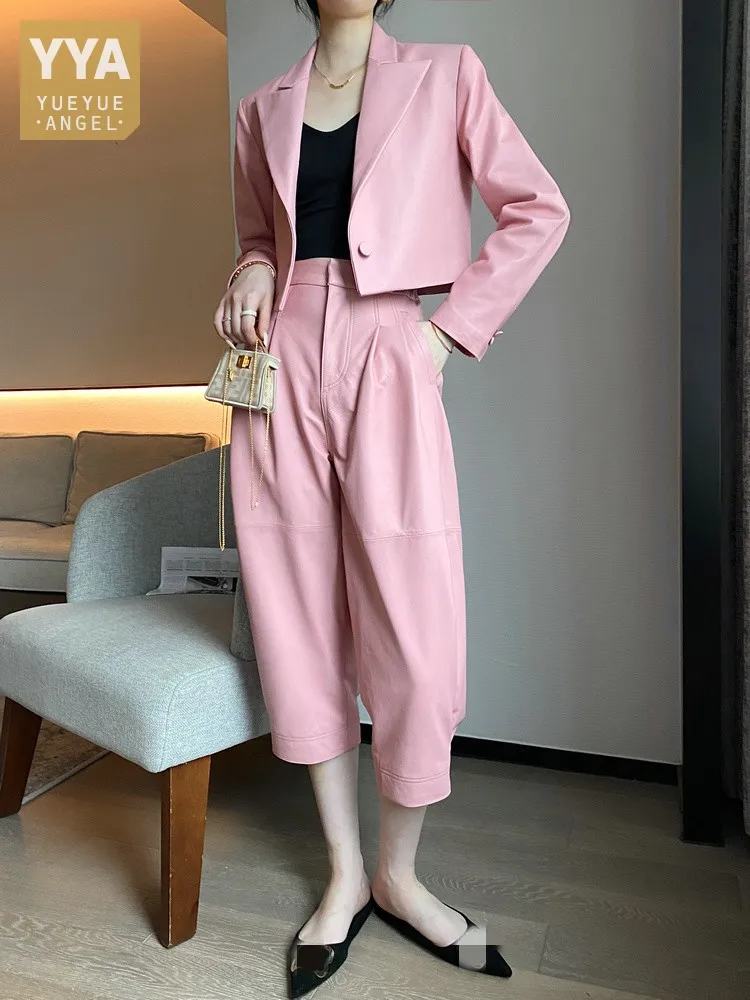 High Street Pink Genuine Leather Jacket Pants Two Piece Set Office Ladies  Sheepskin Suit Short Coat Wide Leg Pants Matching Sets