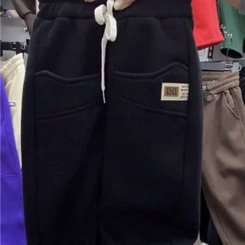 High Waisted Elastic Drawstring New Autumn Winter Women's Solid Patchwork Pockets Loose Belted Thick Casual Sports Harlan Pants