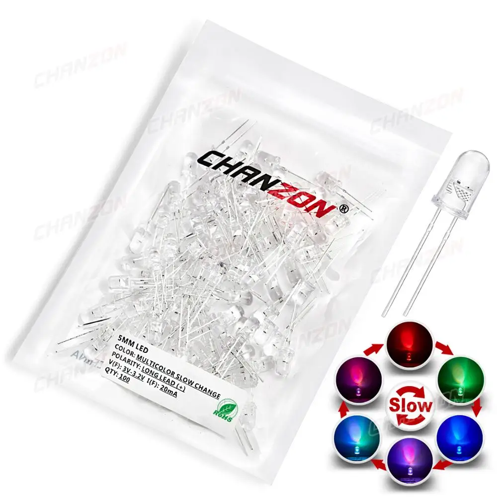100 Pcs 5mm Led 다이오드 깜박이는 흰색 빨간색 녹색 파란색 노란색 Rgb 빠른 느린 플래시 확산 투명 색상 변경 발광 램프