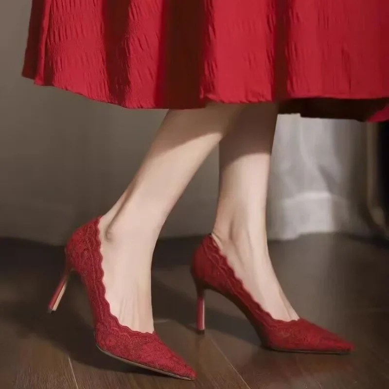 Women's Large Size High Heels Thin Heels Pointed Toe Lace High Heels Dress Banquet Mature New Spring Sexy Zapatillas De Mujer 3