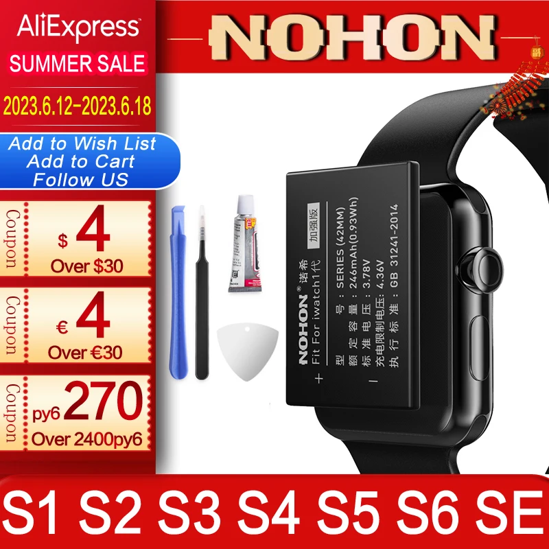 NOHON Battery For Apple Watch Series 1 2 3 4 5 SE 6 44mm 42mm