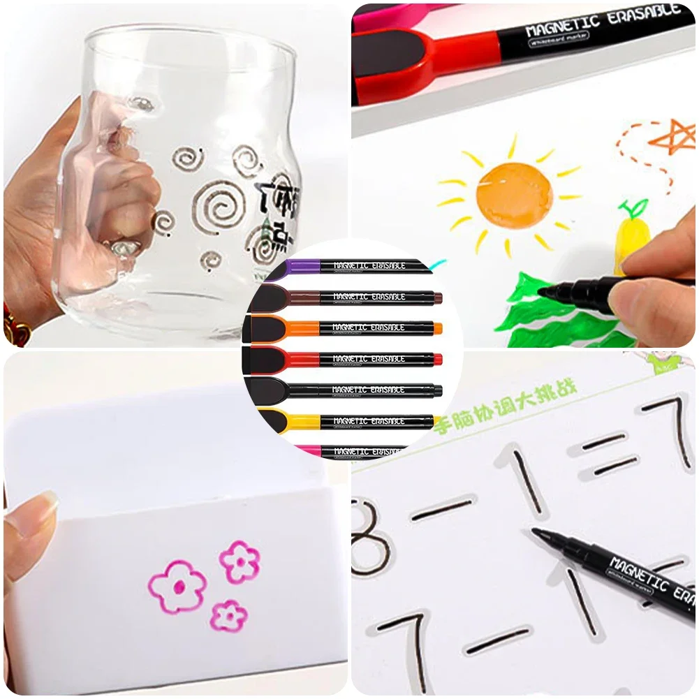 Magnetic Erasable Whiteboard Markers with Quick-Dry Water-Based Ink and Built-In Eraser