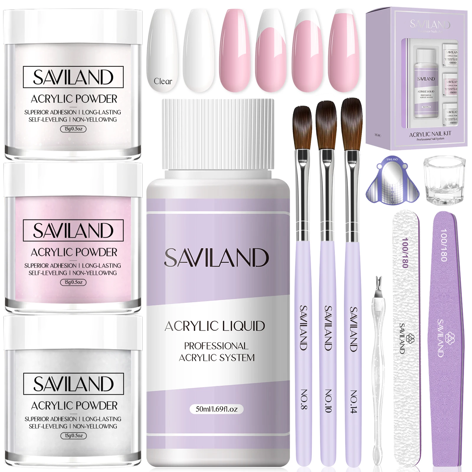 SAVILAND Essentials Acrylic Nail Kit Complete Set for Beginners with White Pink
