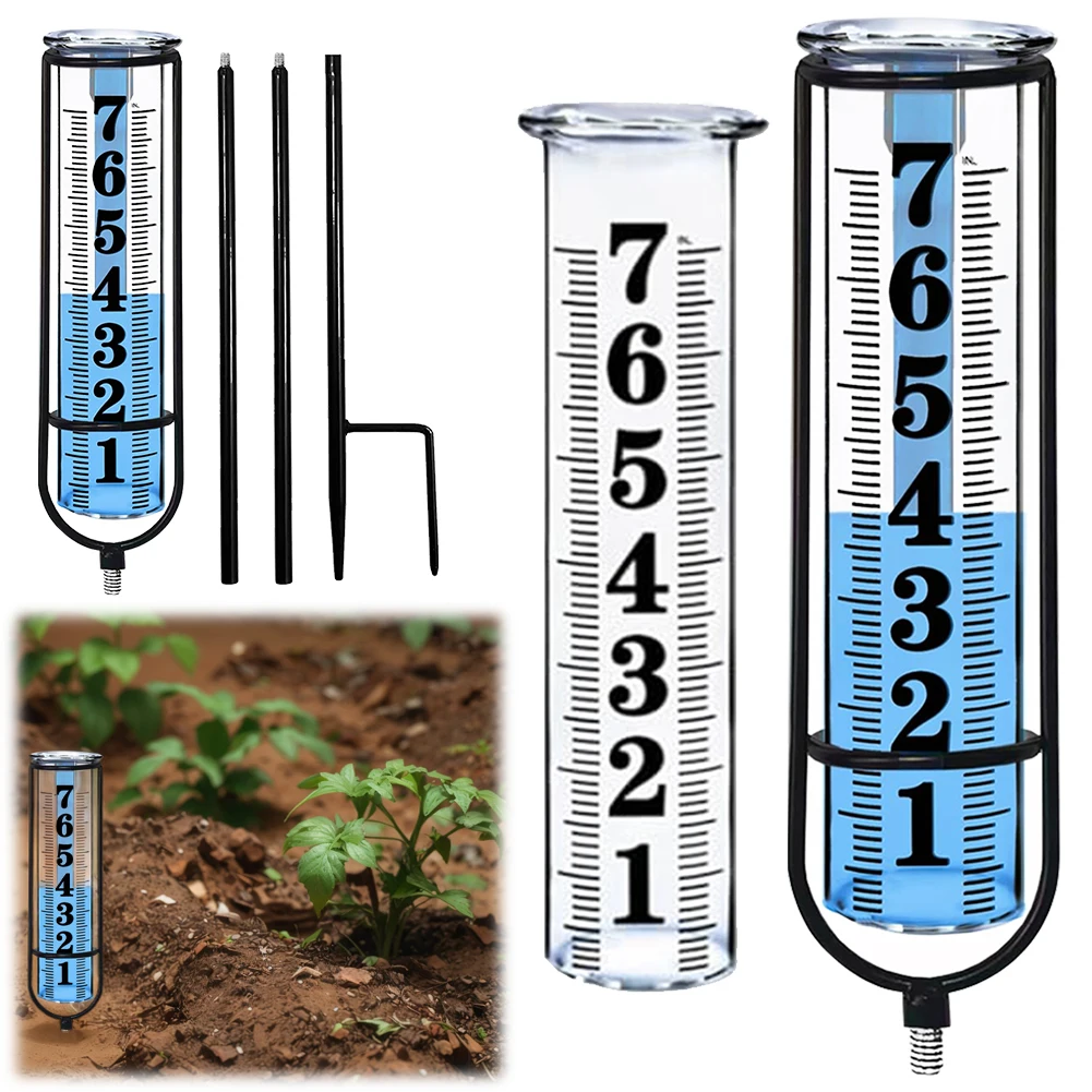 Outdoor Freeze Proof Rain Gauge Large Number Adjustable Height Rain Water Meter w/ Thickened Plastic Tube & Metal Stake