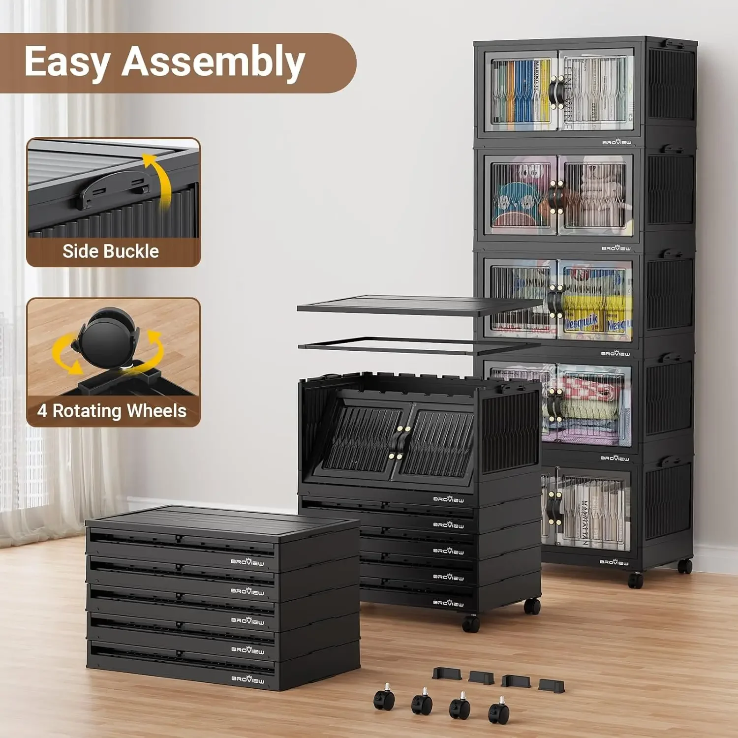 Black storage bins in bedroom closet – organized system