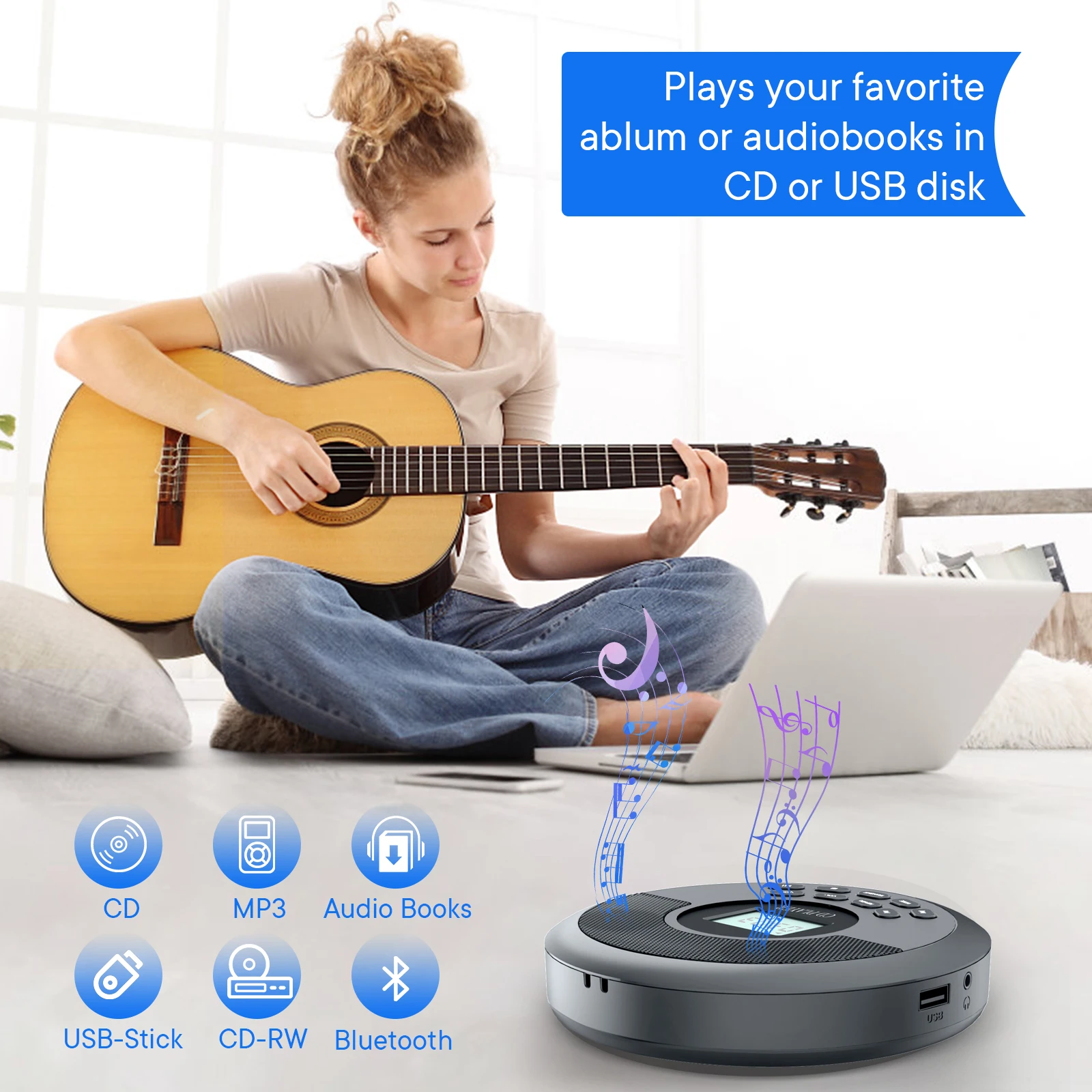 Bluetooth cd player portable rechargeable discman with speakers and headphones walkman cd player with USB bluetooth transmitting portable cd player