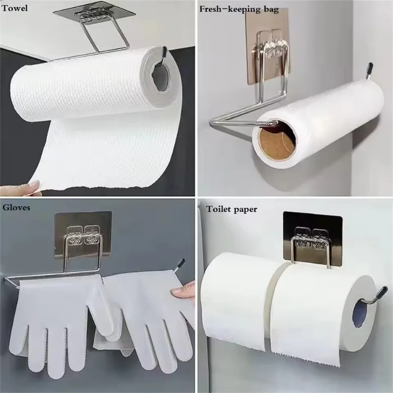 2PCS Kitchen Paper Towel Holder Adhesive Toilet Paper Rack Towel Hanger Tissue Dispenser Roll Napkin Cabinet Storage Accessories 5