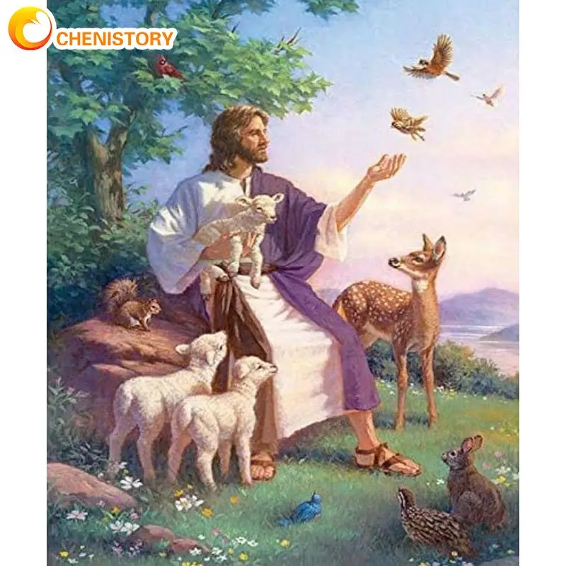 

CHENISTORY Oil Painting By Numbers Handmade Drawing By Numbers Jesus And Sheep Number Painting Adults Crafts Gift Home Art