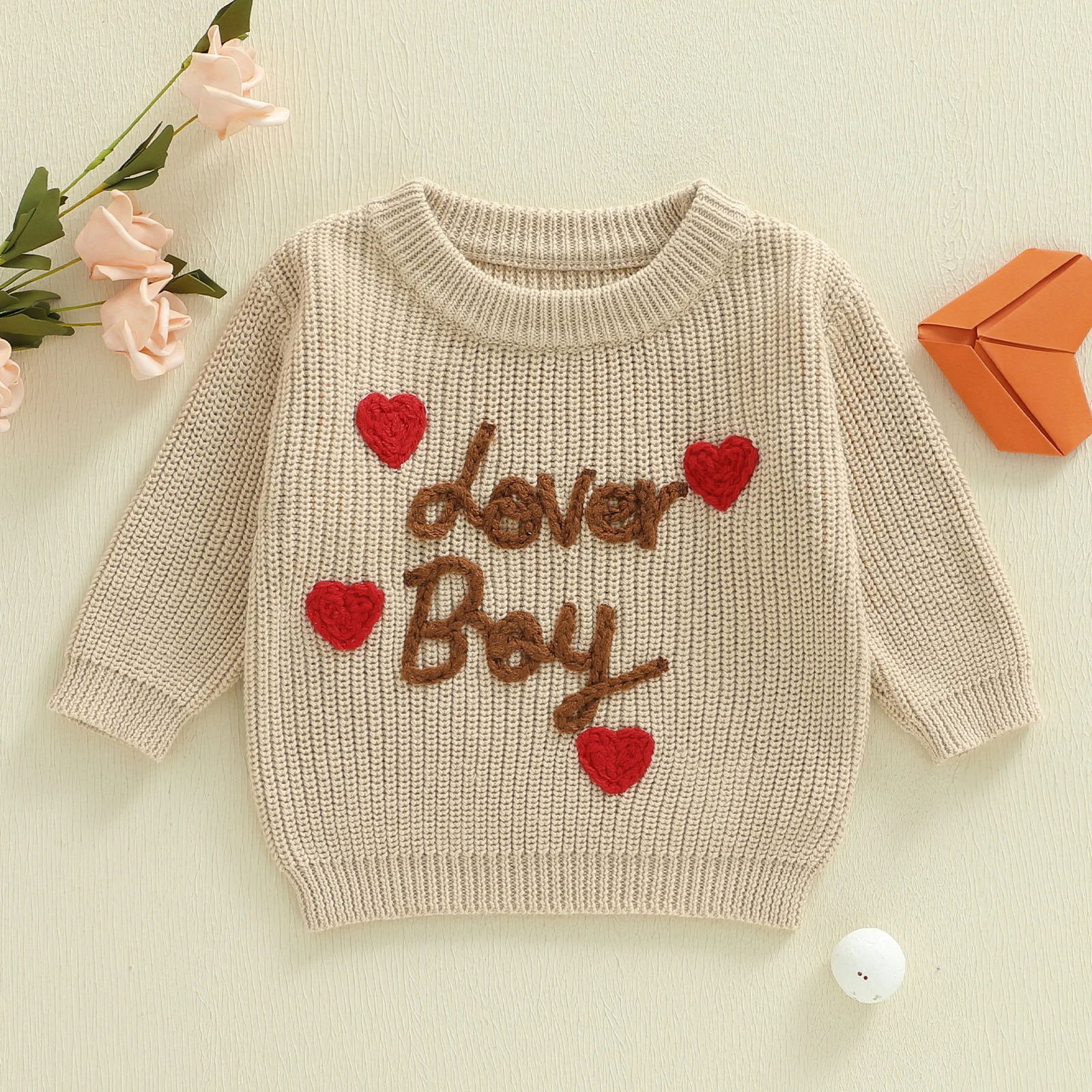  소년 발렌타인 스웨터 유행 편지 하트 자수 크루 넥 긴 소매 니트 탑 어린이 스웨터