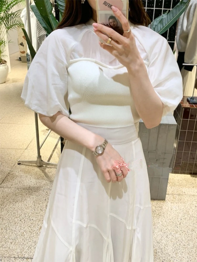 

LY VAREY LIN New Summer Puff Sleeve Blouse Women Sweet See Through Shirt Female Japan Style Solid Color Knitting Tops