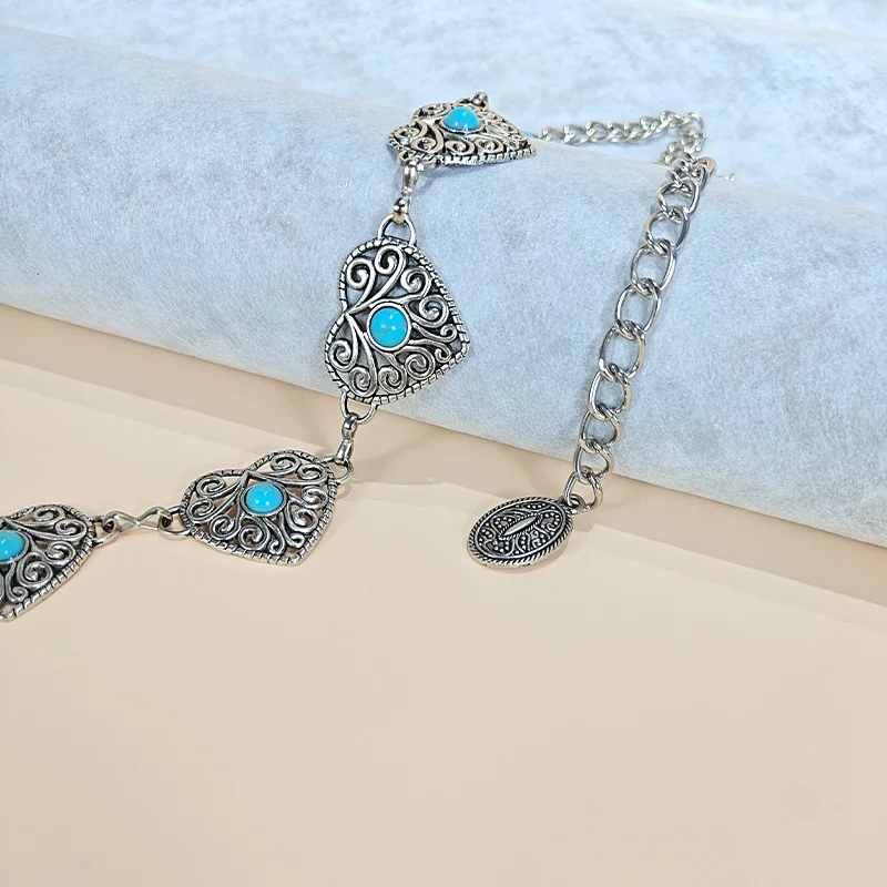 Retro Silber Bohemian Damen Taillenkette Gürtel Luxus Designer Blaue Edelstein-Kette Western Cowboy Röcke Kleider Jeans Gürtel – Detail 10