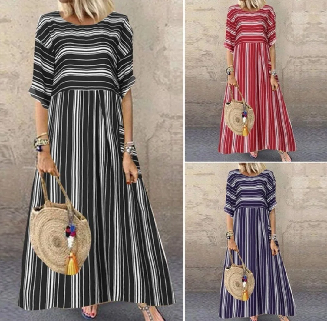 

2023 Summer Dress Maxi Dresses for Women Black Dress Printed Crew Neck Short Sleeve Loose Stripe Long Dress Dress for Women