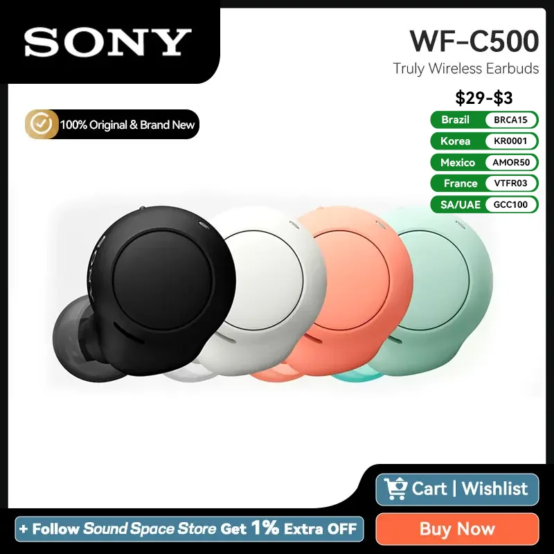 Sony Wf-C500 Cuffie Veramente Wireless Auricolari Bluetooth Aac Sbc Dsee Ipx4 Valutazione Ricarica Rapida, Assistente Vocale
