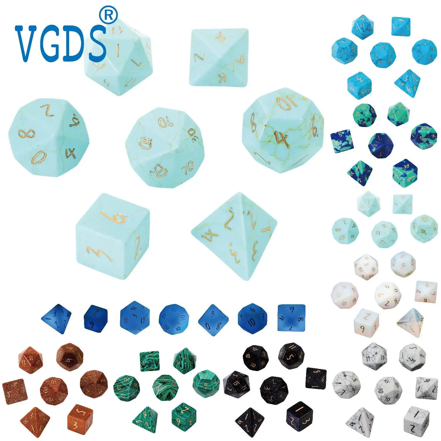 synthese-pierre-turquoise-manuscrite-police-vgds-shoous-stone-turquoise-table-py-play-game-d4-d6-d8-d10-d12-d20-dice-7-pieces-ensemble