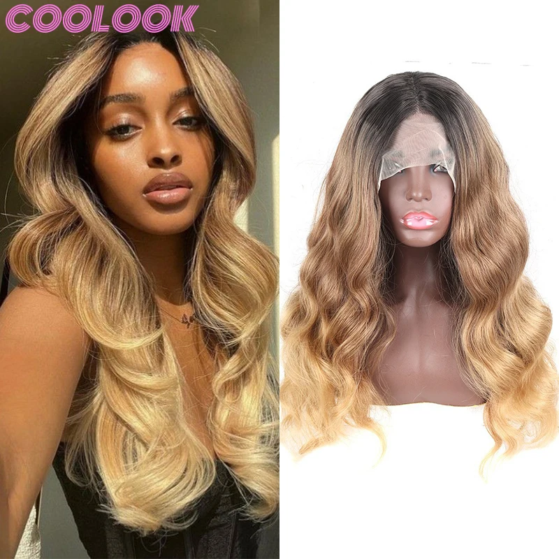 

Ombre Brown Body Wave Lace Front Wig 26inch Long Honey Blonde Wavy Lace Frontal Wig Synthetic Lace Wigs for Black Women Cosplays