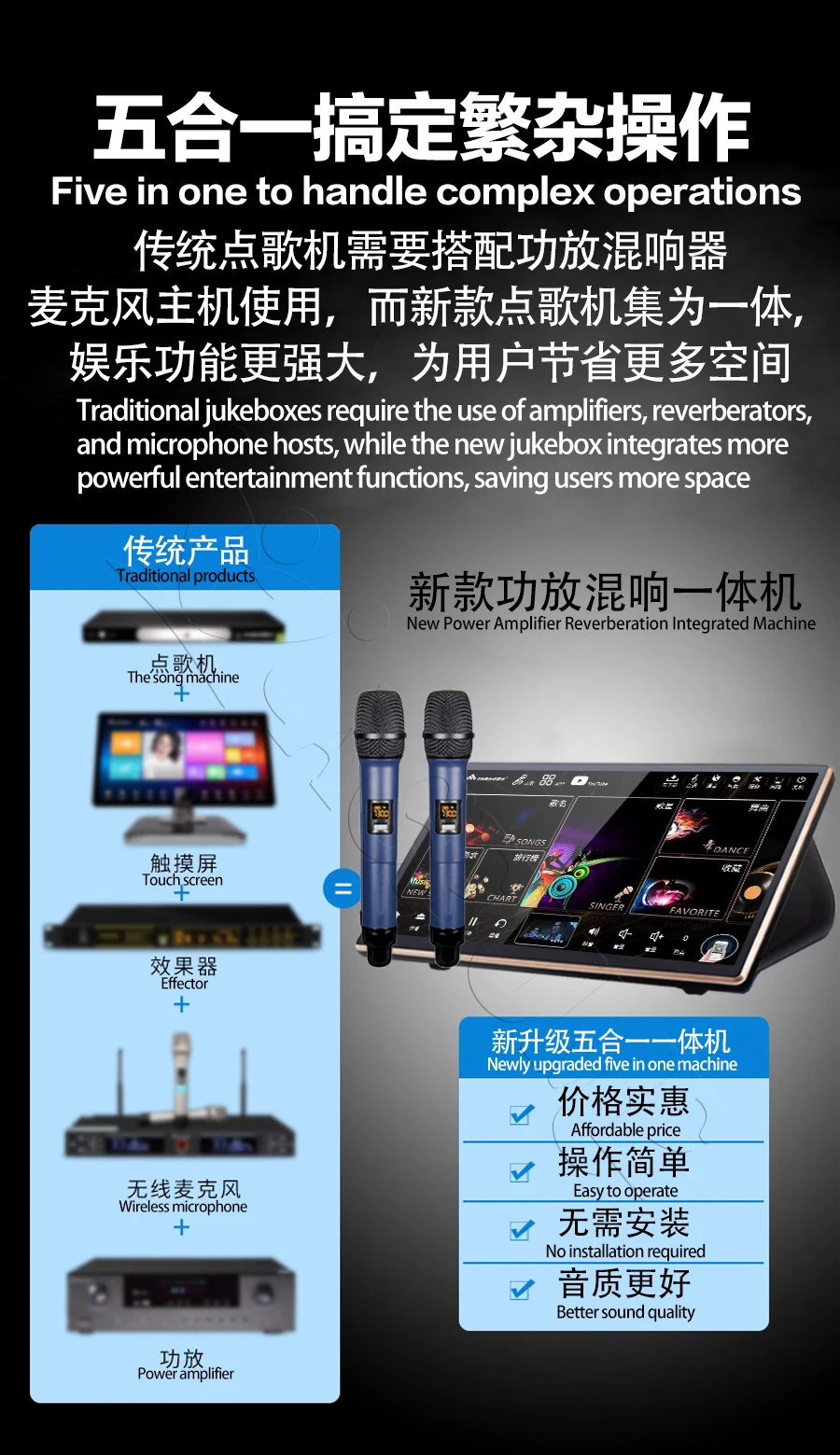 5 in 1 Professional Touch Karaoke Player with Microphone Amplifier Mixer DSP, 2TB 41K 19'' InAndOn KTV Machine with Key Tune