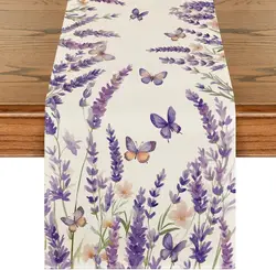 Elegant Purple Lavender Floral Linen Table Runner - Reusable Farmhouse Kitchen & Wedding Decor - 200x33cm 78.7x13inch (Purple)