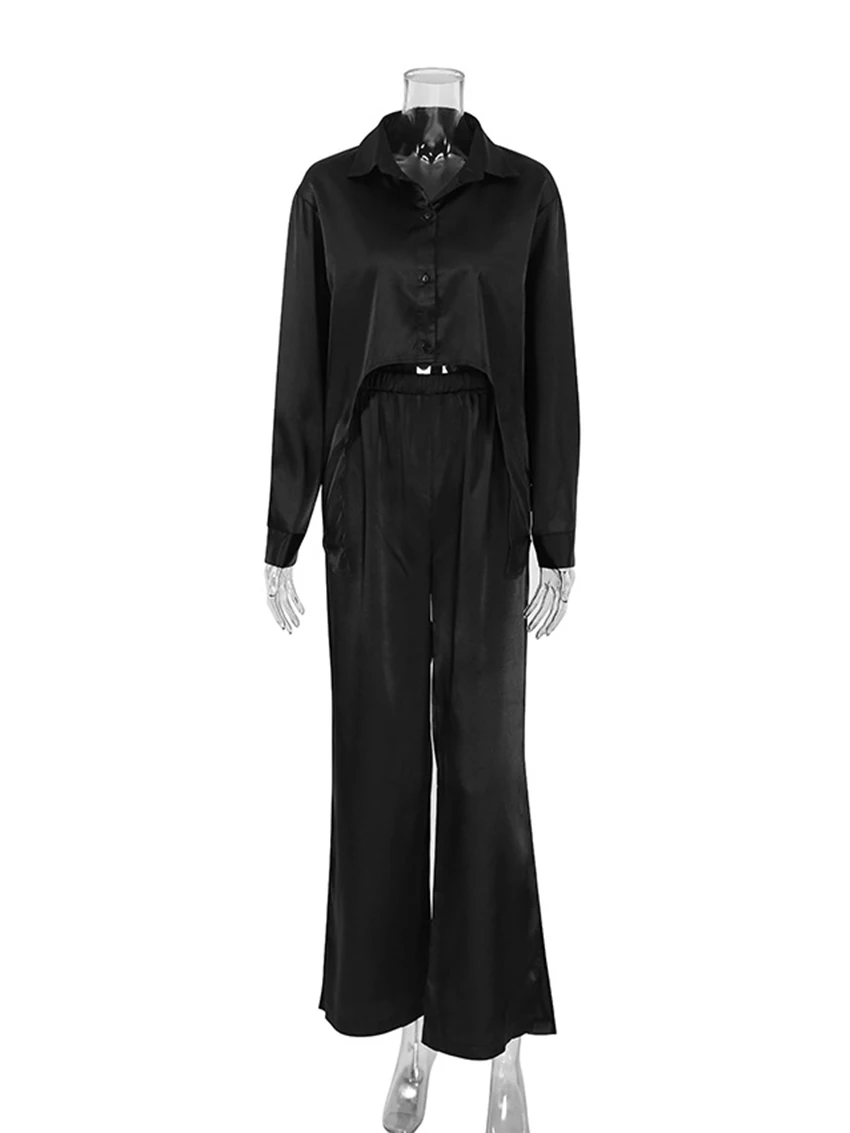 Marthaqiqi Satin Loose Women'S Pajamas Sets Long Sleeve Sleepwear Turn-Down Collar Nightwear Wide Leg Pants Femme Pyjamas Suits