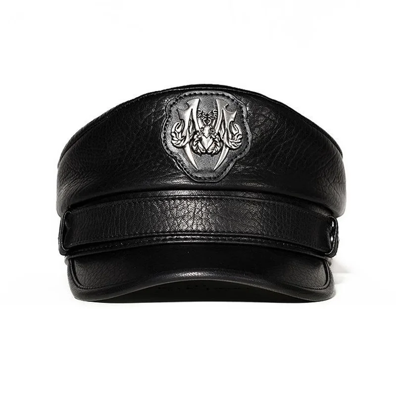 Genuine Leather Belt Military Hats Navy Hats Unisex Sheepskin European/American Streetwear Fitted Black Caps With Locomotiv Cap