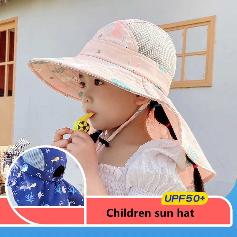 Cappello per bambini, cappello di protezione solare in rete a tesa larga UPF 50+ per ragazzi e ragazze, cappelli da spiaggia dal design arrotolabile con mento regolabile_voghion.com