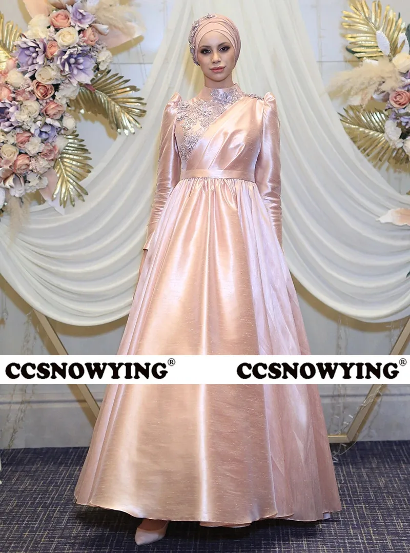 

Satin Appliques Long Sleeve Muslim Evening Dress High Neck Islamic Hijab Formal Party Gown A Line Arabic Dubai Robes De Soirée