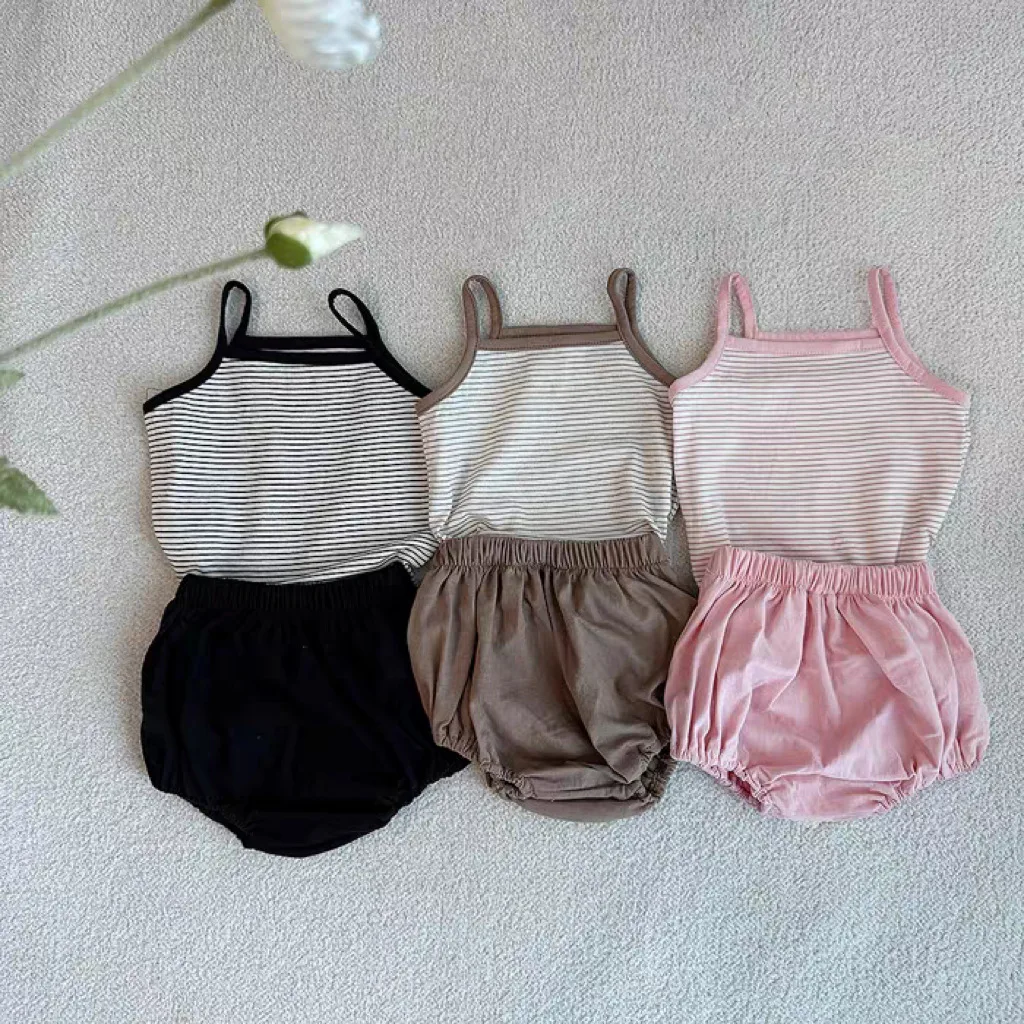 Description Picture 2 of item2025 Summer New Baby Sleeveless Clothes Set Infant Girl Striped Sling Vest + Shorts 2pcs Uit Thin Breathable Toddler Outfits